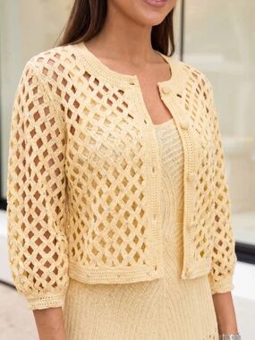 Butter Yellow Crochet Open Knit Cropped Cardigan Rhinestone Embellished